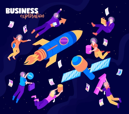 Business exploration color background with rocket satellite and people flying in night starry sky isometric vector illustration