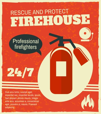 Firefighting rescue and protection professional firefighters poster with fire extinguisher vector illustration