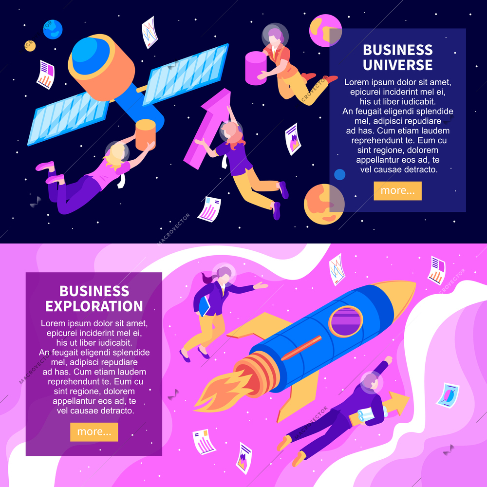 Business universe and  business exploration two abstract horizontal banners isometric vector illustration