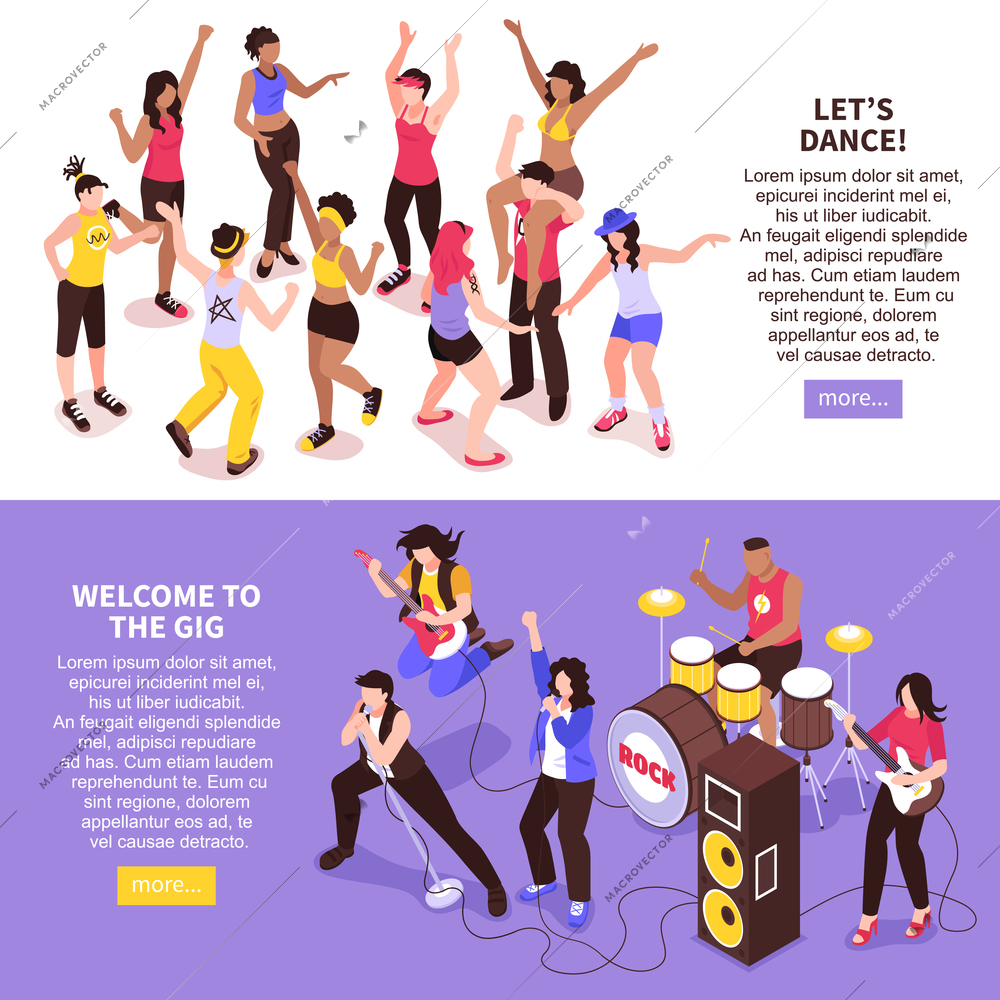 Open air music festival horizontal banners with rock band and dancing crowd of audience isometric vector illustration