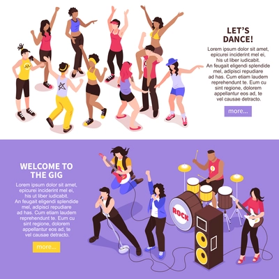 Open air music festival horizontal banners with rock band and dancing crowd of audience isometric vector illustration