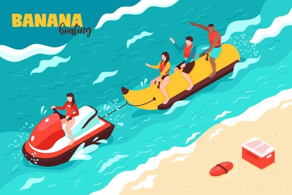 Summer water sport isometric vector illustration with group of people on vacation riding banana boating