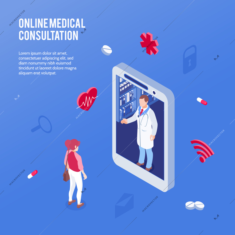 Colored and isometric online medicine doctor concept with online medical consultation headline vector illustration