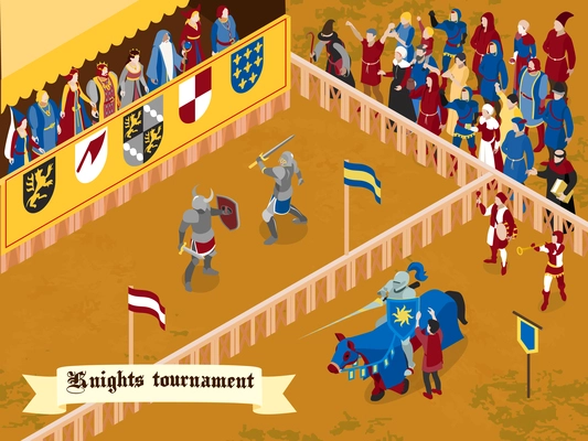 Colored and isometric medieval composition with knights tournament headline on white ribbon vector illustration
