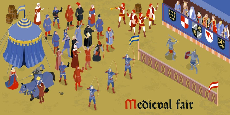 Isometric medieval horizontal composition with medieval fair headline and group of people on square vector illustration