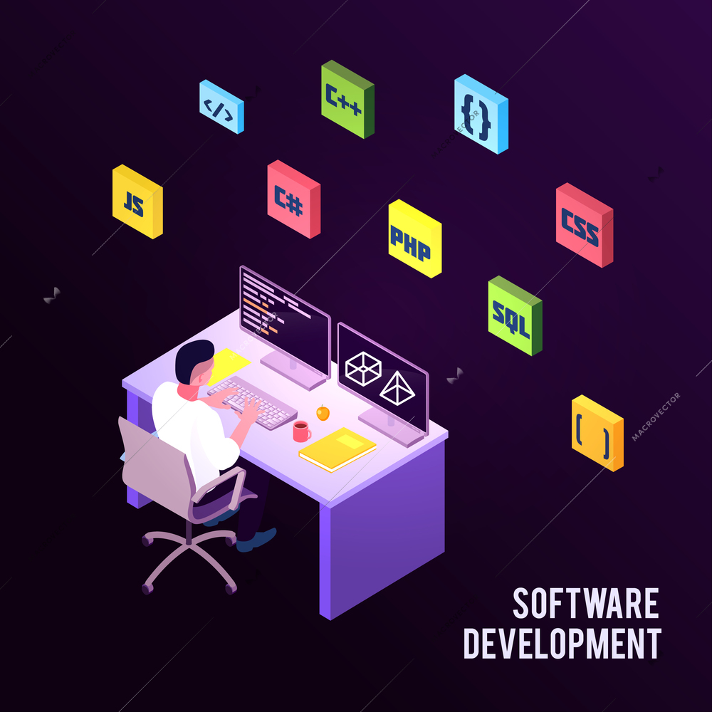 Colored isometric programmers composition with software development description and man sit on work vector illustration