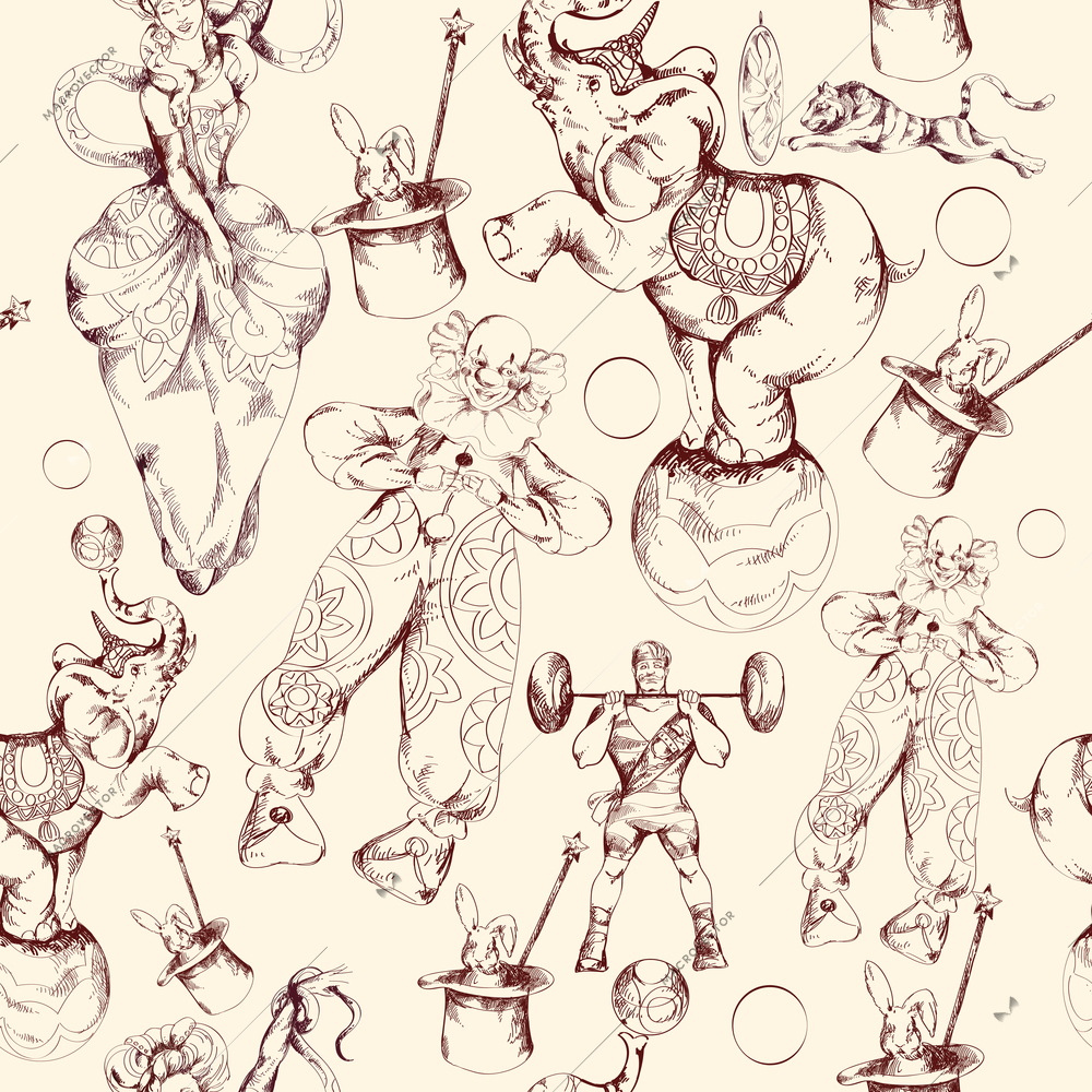 Decorative circus clown fairy wand magic miracles vintage wrap paper seamless retro pattern doodle sketch vector illustration