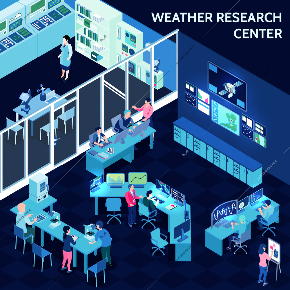 Colored isometric meteorological weather center composition with office in open space style vector illustration