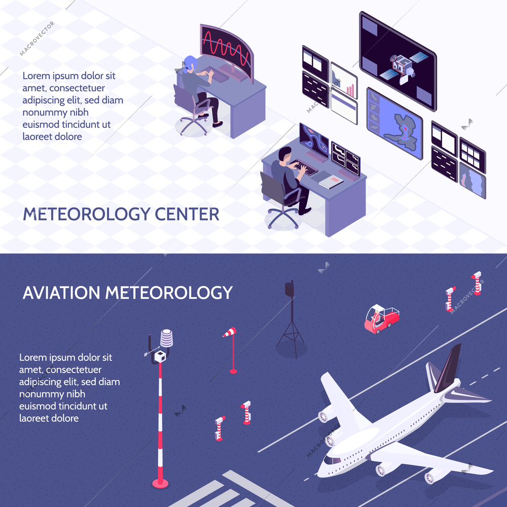 Two horizontal isometric meteorological weather center banner set with meteorology center and aviation meteorology descriptions vector illustration