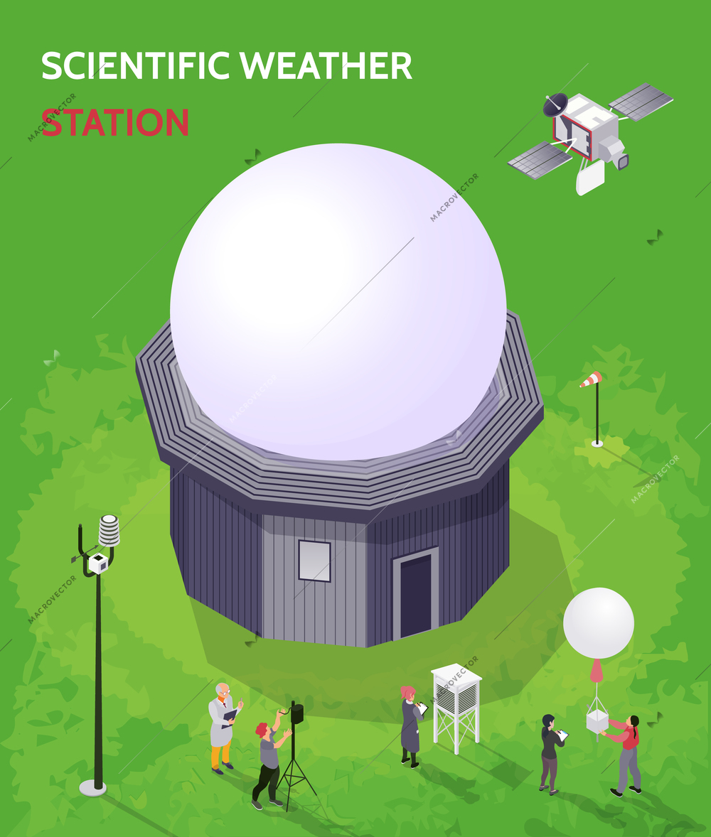 Colored isometric meteorological weather center composition with scientific weather station description vector illustration