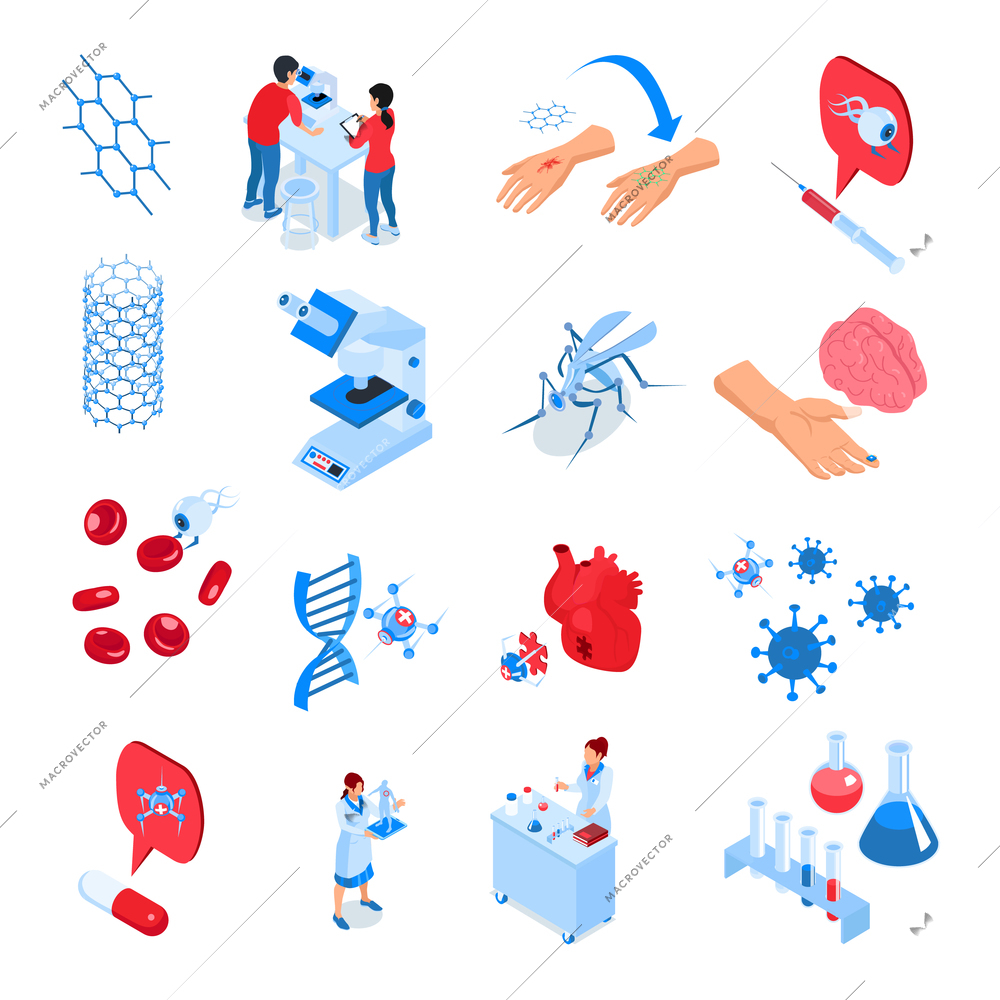 Colored isometric research laboratories icon set with elements and tools for future developments of science vector illustration