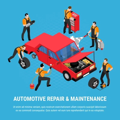 Automotive repair isometric concept with maintenance and equipment symbols vector illustration