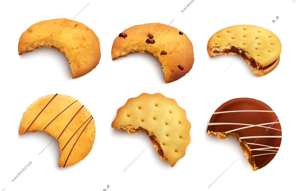 Set of different kind of bitten tasty cookies glazed with chocolate crumbs and jam layer isolated realistic vector illustration