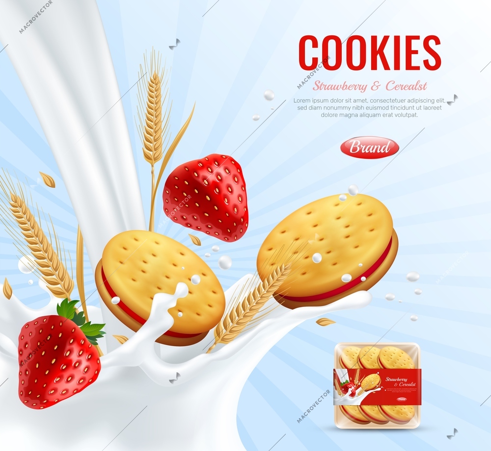 Cookies with strawberry jam layer advertising composition decorated by wheat ears and creamy spray realistic vector illustration