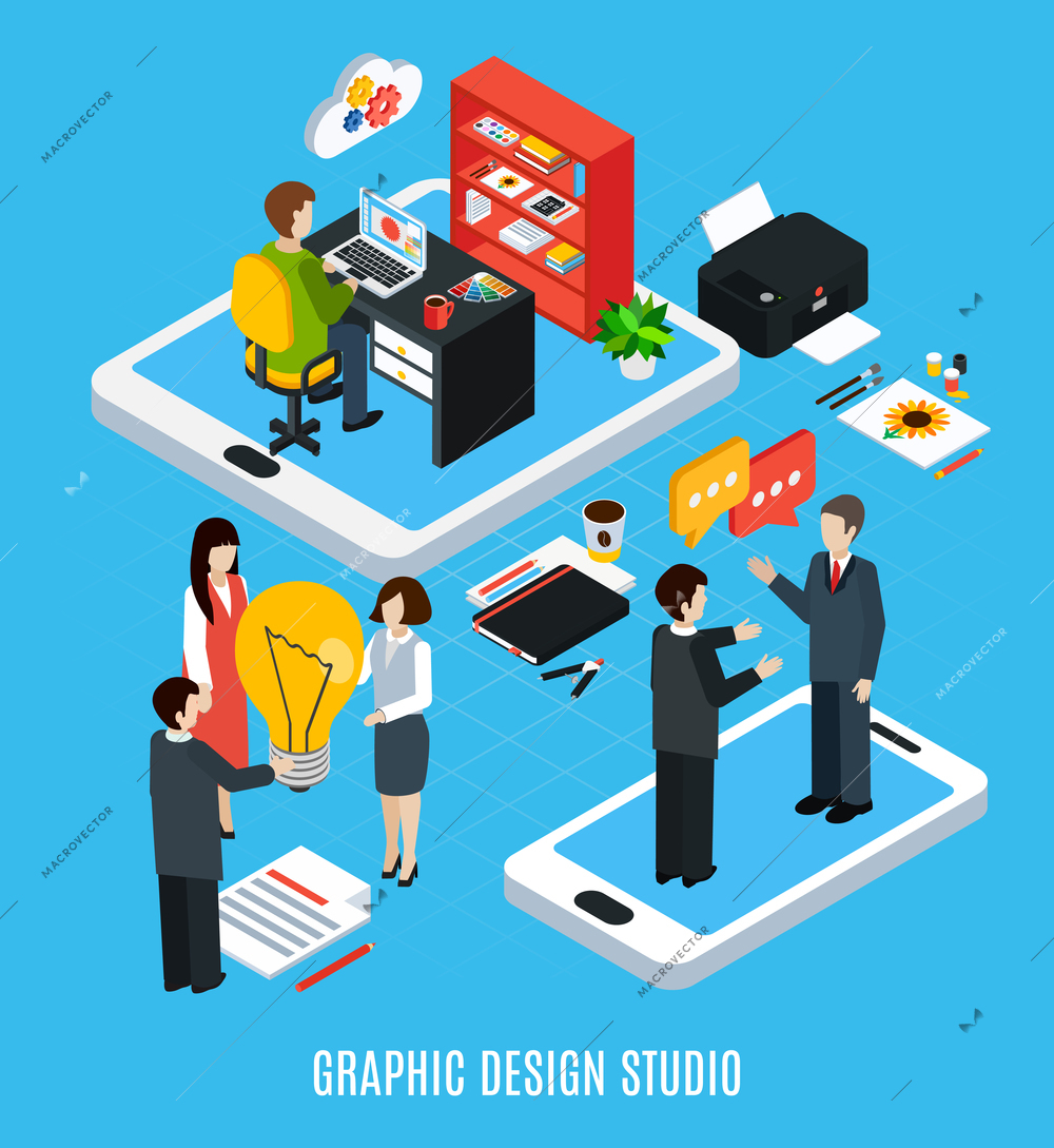 Isometric concept with graphic design studio artists and tools for work 3d isolated vector illustration