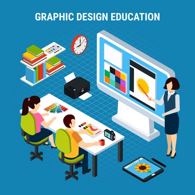 Graphic design education process in classroom with two students 3d isometric vector illustration