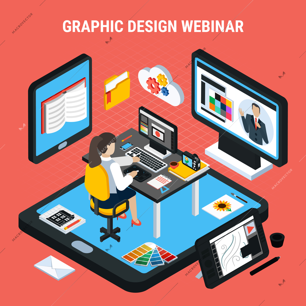 Woman studying at home watching graphic design webinar 3d isometric concept vector illustration