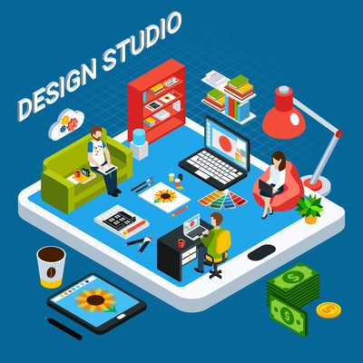 Isometric graphic design studio concept with artists working on computer and tablet on blue background 3d vector illustration