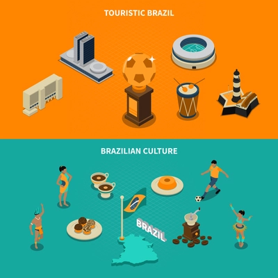 Touristic Brazil horizontal isometric banners set with culture symbols isolated vector illustration