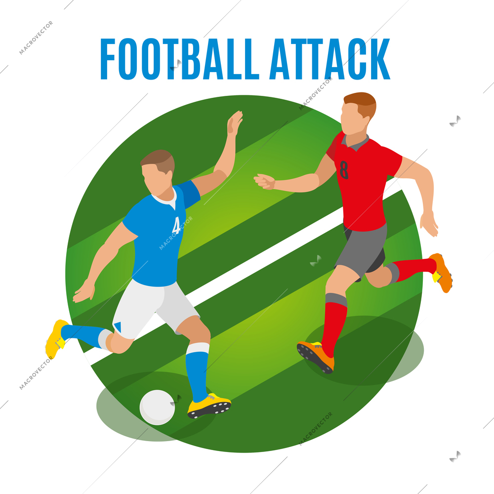 Football attack round design concept with two athletes in form of competing teams fighting for possession of ball isometric vector illustration
