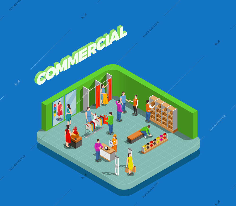 Commercial consumers during shopping in store of clothing and shoes isometric composition on blue background vector illustration