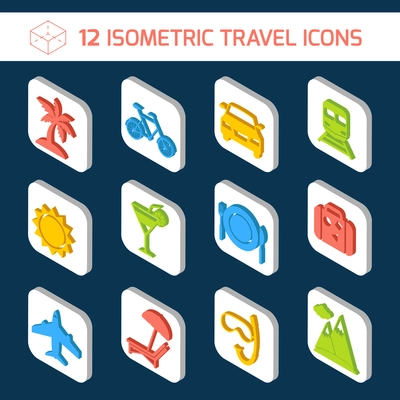 Travel holiday vacation icons isometric white set of bicycle car sun isolated vector illustration.