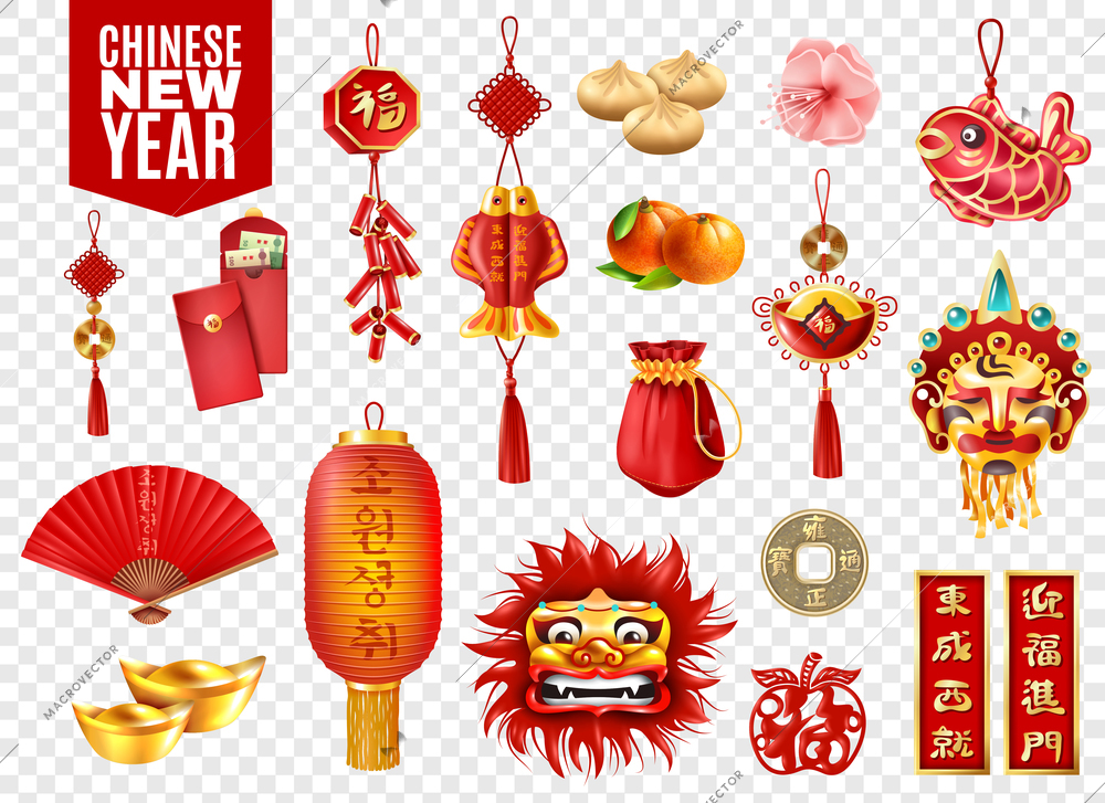 Chinese new year transparent set of red envelopes lanterns coins traditional festive decoration dumplings and oranges isolated vector illustration