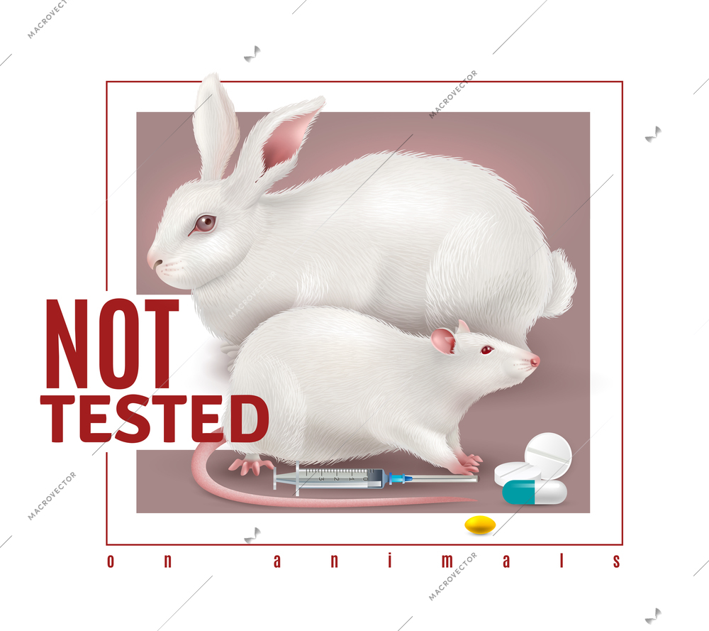 Not tested on animals realistic background with couple of white rabbit and rat and medical preparations vector illustration