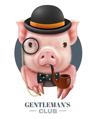 Gentlemans club vector illustration with realistic portrait of pig in bowler hat with smoking pipe and bow tie