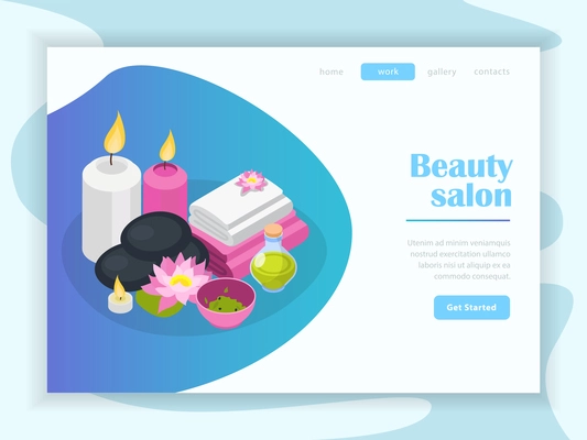 Accessories of beauty salon isometric landing page of internet site with buttons menu vector illustration