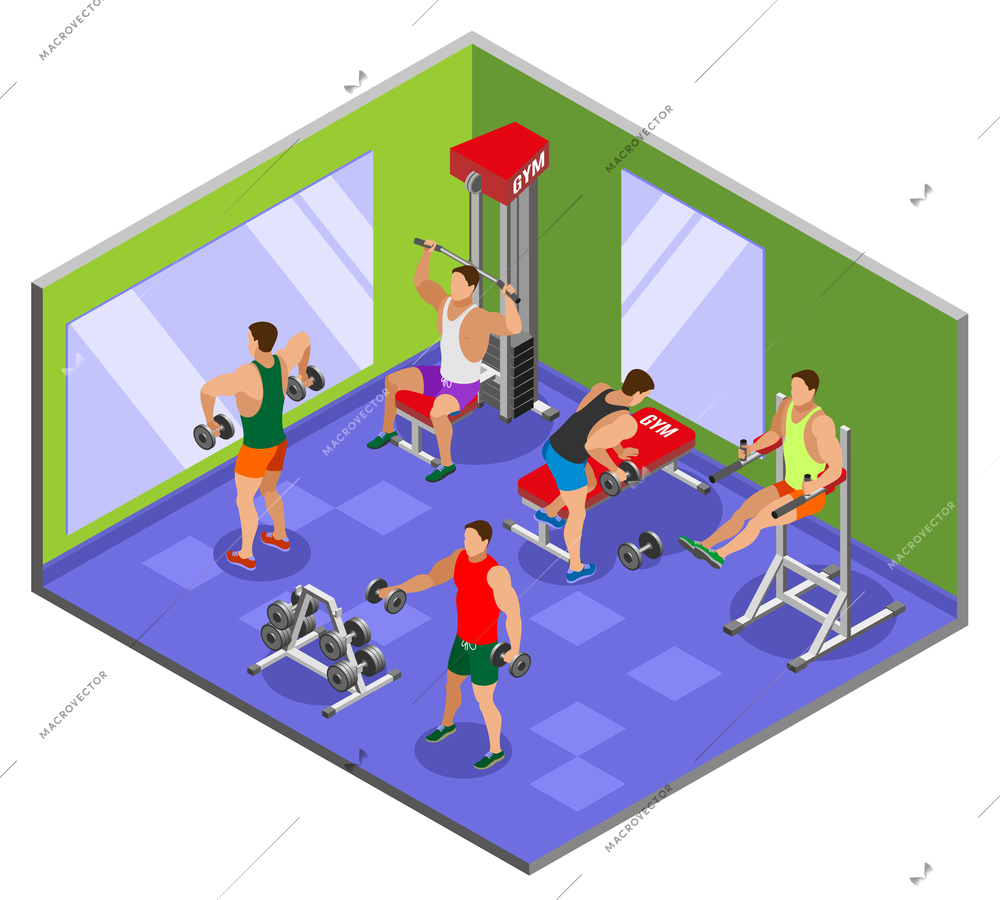 Athletes during body building training with sport equipment in gym with mirrors isometric composition vector illustration