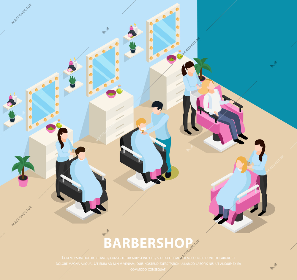 Barber shop isometric composition with customers sitting in chairs and masters during hair work vector illustration