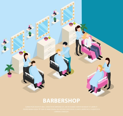 Barber shop isometric composition with customers sitting in chairs and masters during hair work vector illustration
