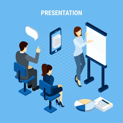 Business people isometric background conceptual composition with infographic pictogram icons thought bubbles and office team members vector illustration
