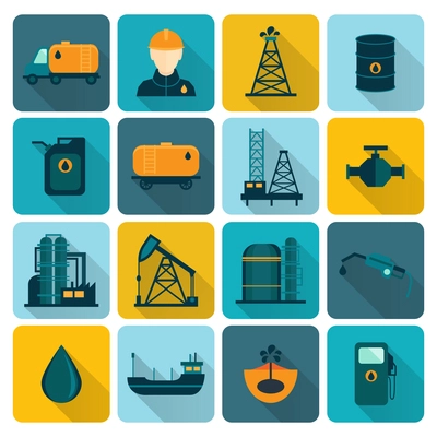 Oil extraction refining and petroleum production industry with tanker transportation ship symbols icons set flat vector illustration