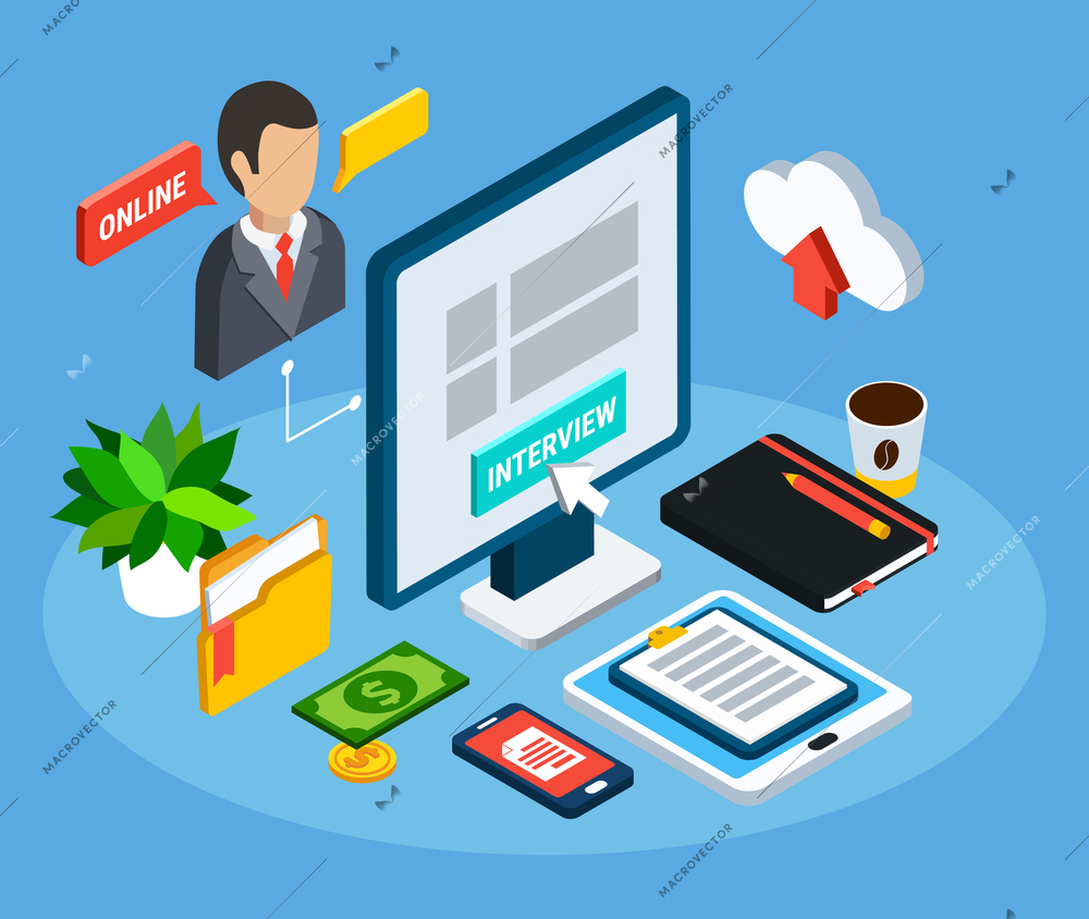 Business people isometric composition of isolated pictograms and office equipment images with computer and human icons vector illustration