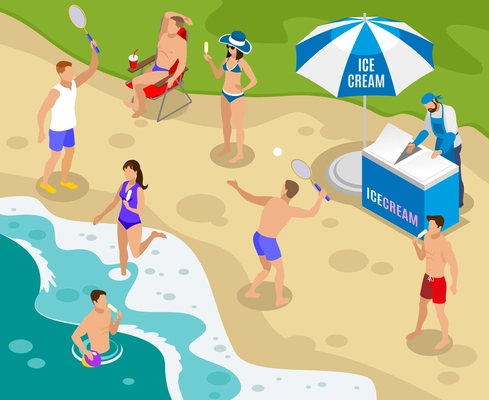 Street food isometric composition with trade of ice cream on beach vector illustration