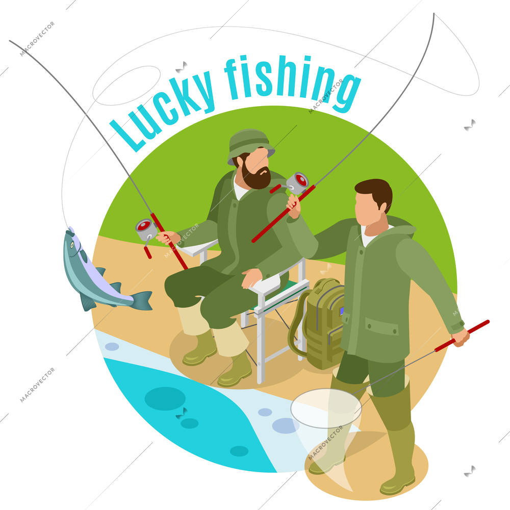 Men with spinning rods and haul during lucky fishing on round background isometric vector illustration