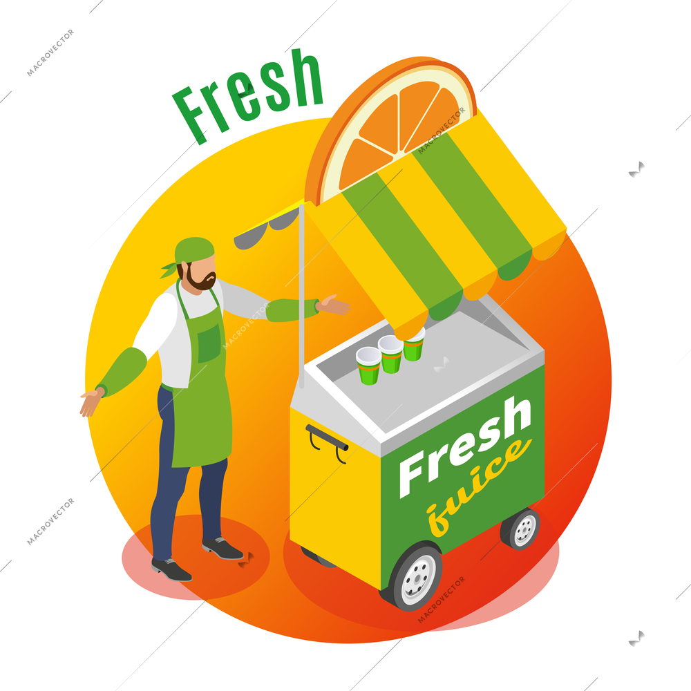 Street food trolley with seller of fresh juice on gradient round background isometric vector illustration