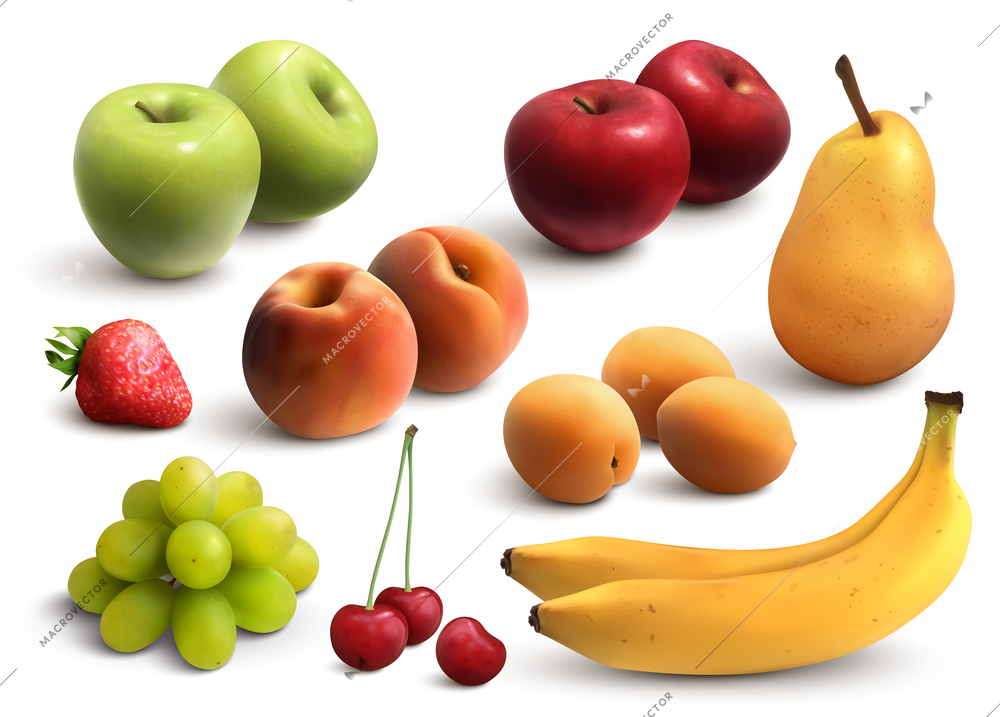 Fruits realistic set with green and red apples bananas pears bunch of grapes peach apricot isolated vector illustration