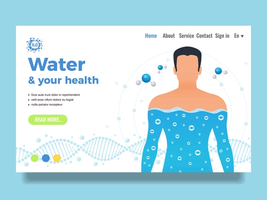 Body and water site design with water functions symbols flat vector illustration