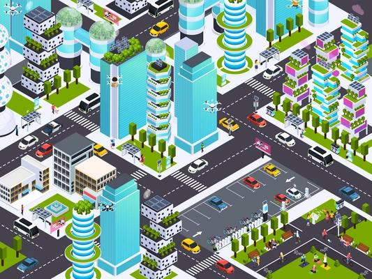 Smart city background with modern technology symbols isometric vector illustration