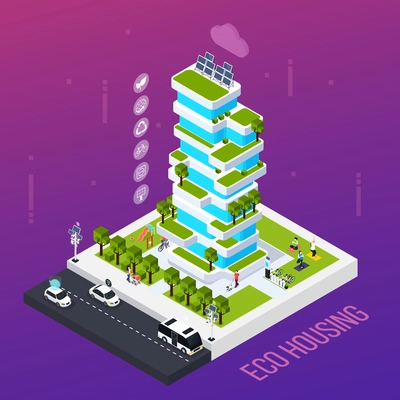 Smart city concept with eco housing technology symbols isometric vector illustration