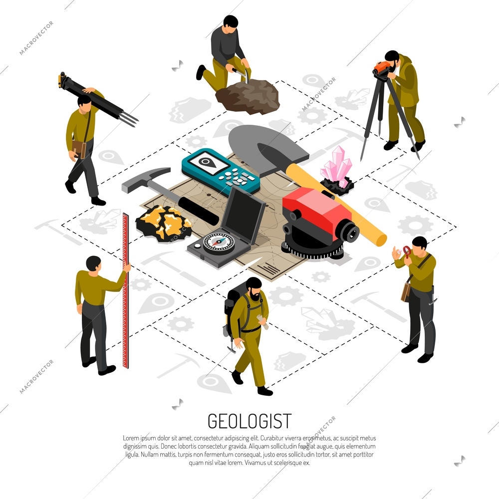 Geologist field work uniform tools minerals samples geodetic measurements instruments isometric composition against flowchart background vector illustration