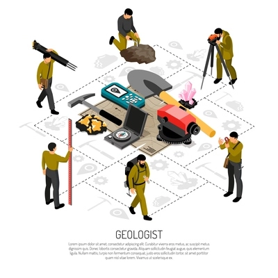 Geologist field work uniform tools minerals samples geodetic measurements instruments isometric composition against flowchart background vector illustration