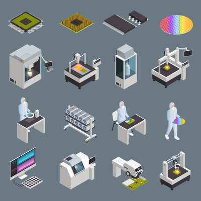 Semiconductor chip production isometric icons collection with isolated hi-tech facilities and supplies with human characters vector illustration