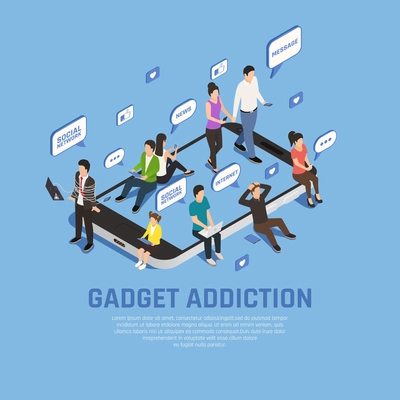 Internet smartphone gadget addiction isometric composition background with images of smartphone thought bubbles and people characters vector illustration