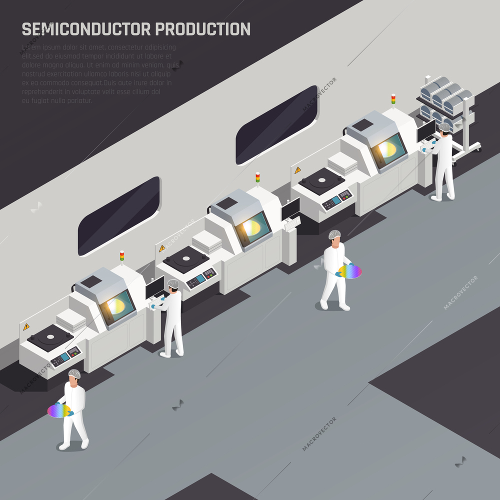 Ssemiconductor chip production isometric composition with editable text and hi-tech manufactory with characters of workers vector illustration