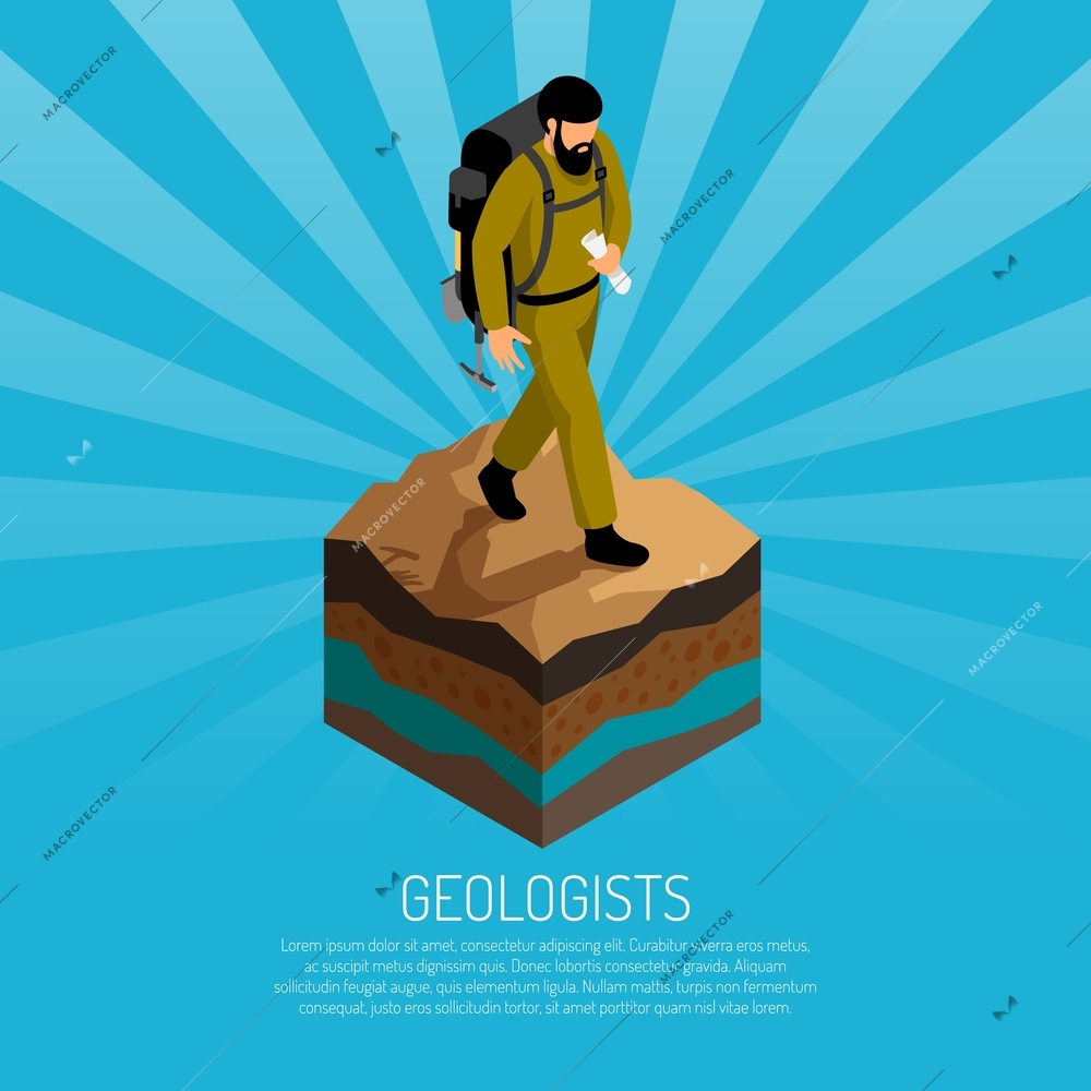 Geologist field work isometric poster with man in canvas uniform with backpack on soil sample vector illustration