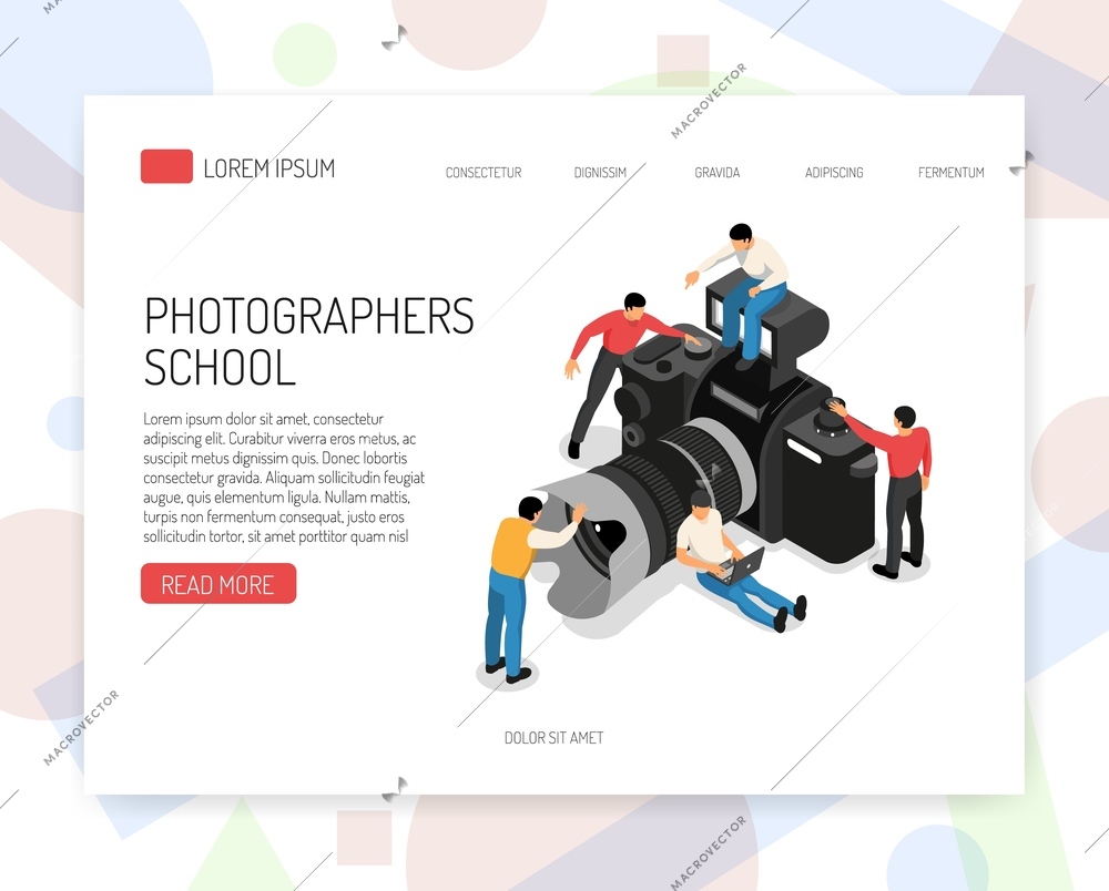 Photography education online school  isometric website page design with classes offer students and camera symbol vector illustration